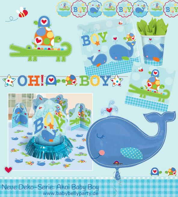 Neue Babyparty Dekoration mit Wal- und Krokodil-Motiven "Ahoi Baby Boy" bei Baby Belly Party