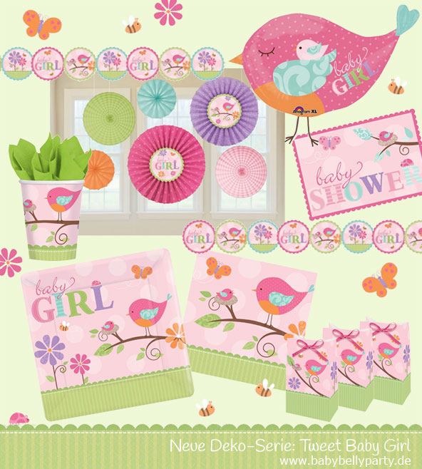 Süße Baby Party Deko mit niedlichen Vogelmotiven für ein Mädchen. Neu im Shop Baby Belly Party!