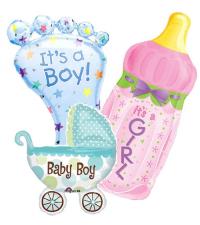 Folienballons Baby: Kinderwagen, Flasche, Babyfüßchen u.v.m.zur Geburt und Party