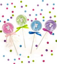 Baby-Lollies in vier Farben - ein tolles Geschenk zur Baby Shower Party.