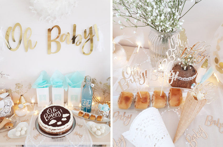 Süße und salzige Snacks mit Party Picks wunderbar passend zur Babyparty-Deko verziert © lxoxndxoxn