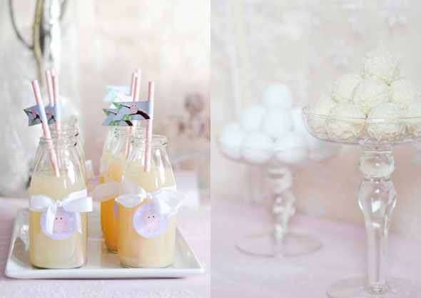 Milchfläschchen und süße Schneeflocken für den Sweet Table im Winter-Wonderland
