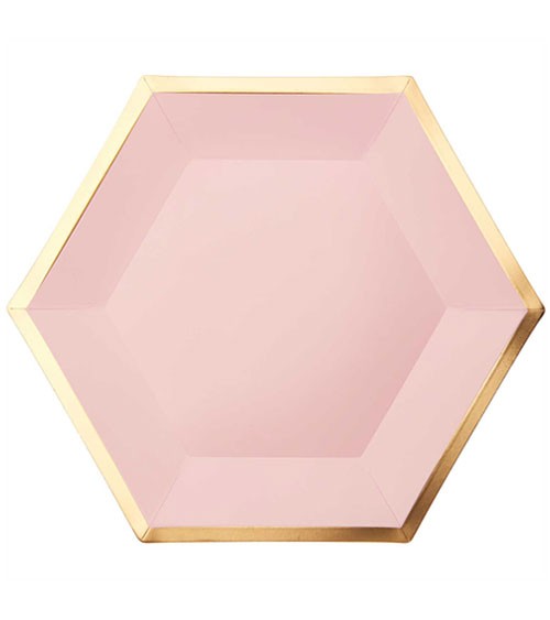 Sechseckige Pappteller mit Goldrand - rosa - 10 Stück
