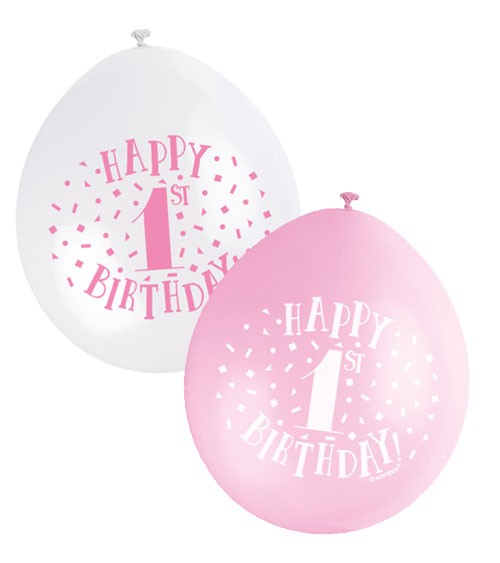 Luftballon-Set "Happy 1st Birthday" - rosa/weiss - 23 cm - 10 Stück