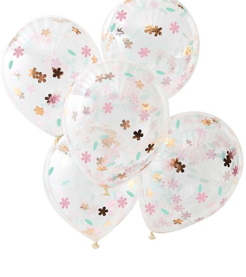 Transparente Ballons mit Blumen-Konfetti - pastell/rosegold - 5 Stück