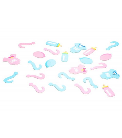 Hellblau- und rosafarbenes Streuteile-Set aus Pappe mit typischen Motiven wie Babybodys, Fragezeichen, Luftballons und Babyflaschen zur Gender Reveal Party.