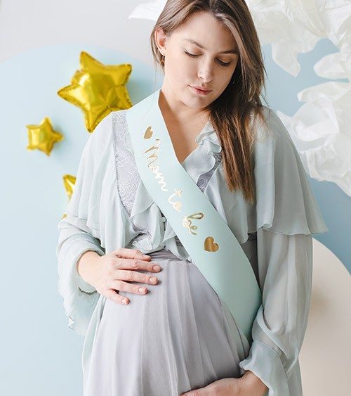 Schärpe "Mom to be" aus Papier - tiffany blue & gold