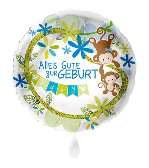 Folienballon mit Affen "Alles Gute zur Geburt" - blau - 43 cm