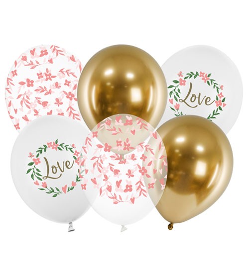 Luftballon-Set "Love" - metallic gold & weiß - 30 cm - 6-teilig