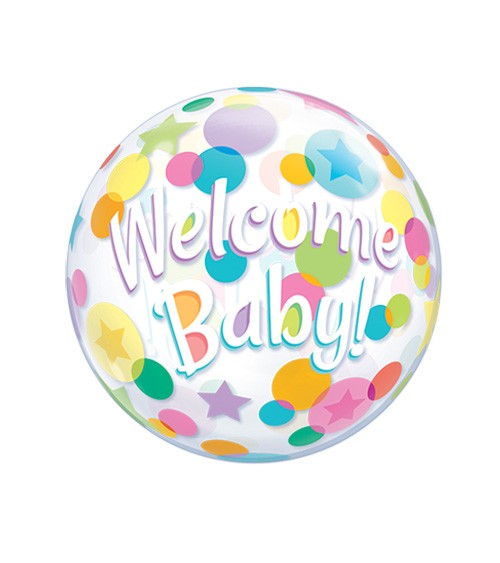 Kugelballon "Welcome Baby" mit bunten Punkten - 56 cm