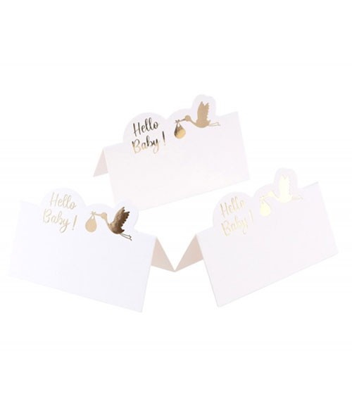 üße weiße Platzkarten aus Pappe mit goldglänzender "Hello Baby!"-Aufschrift und einem fliegenden Storch für die Tischdeko zur Babyparty. Maße: 8 x 5,5 cm.