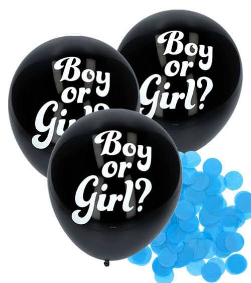 Schwarze Luftballons mit hellblauem Konfetti "Boy or Girl?" - 3 Stück