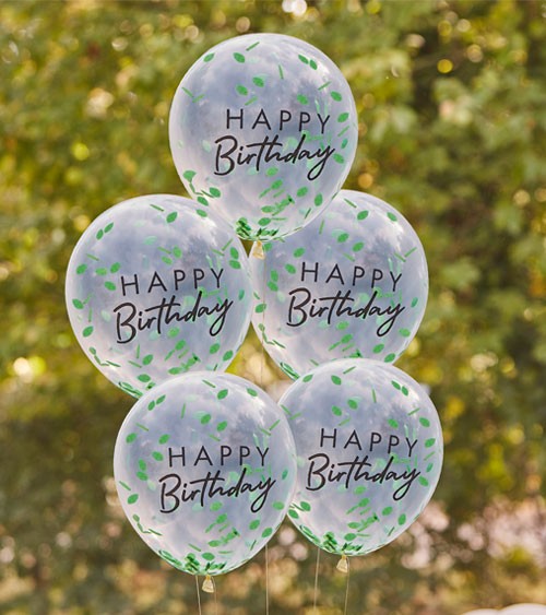 Transparente Ballons "Happy Birthday" mit Blatt-Konfetti - 5 Stück