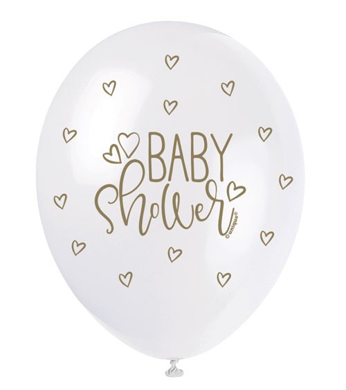 Perlmutt-Luftballons "Baby Shower" - weiß/gold - 30 cm - 5 Stück