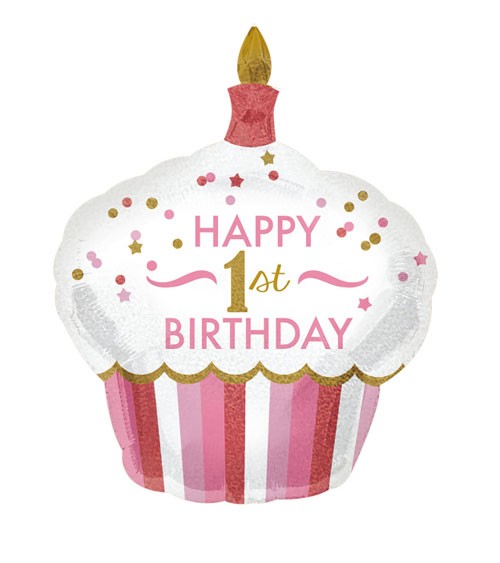 Supershape-Folienballon Cupcake - "Happy 1st Birthday" - rosa/gold