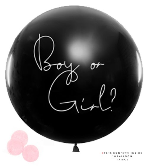 Schwarzer Riesenballon mit rosa Konfetti "Boy or Girl?" - 1 m