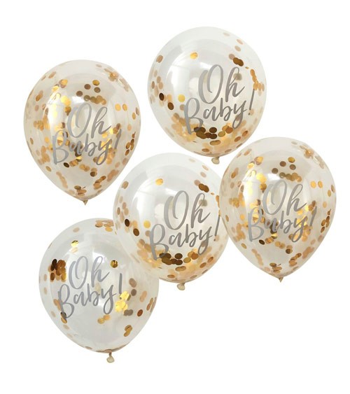 Transparente Ballons mit goldenem Konfetti "Oh Baby" - 5 Stück