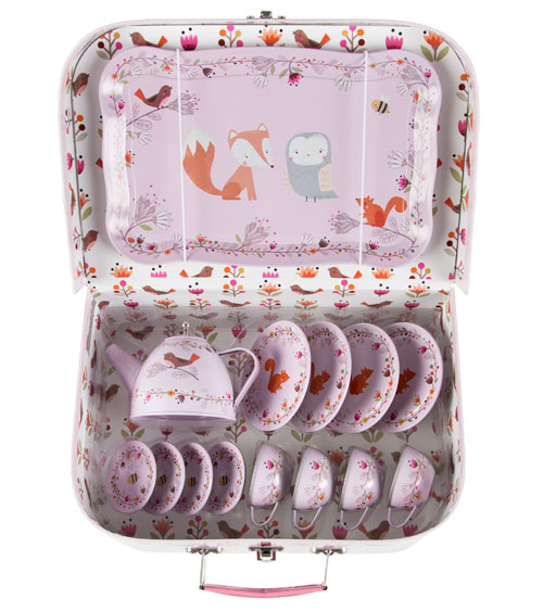 Tee-Set aus Metall im Koffer Vogelmotiv Puppenservice Kinderservice Teeservice 
