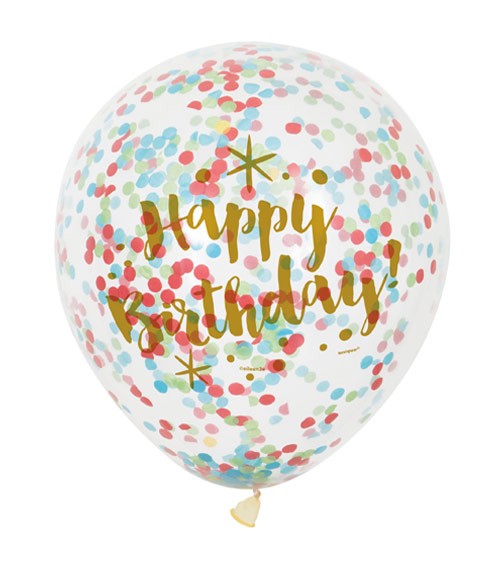 Konfetti-Ballons "Happy Birthday" - gold/bunt - 6 Stück