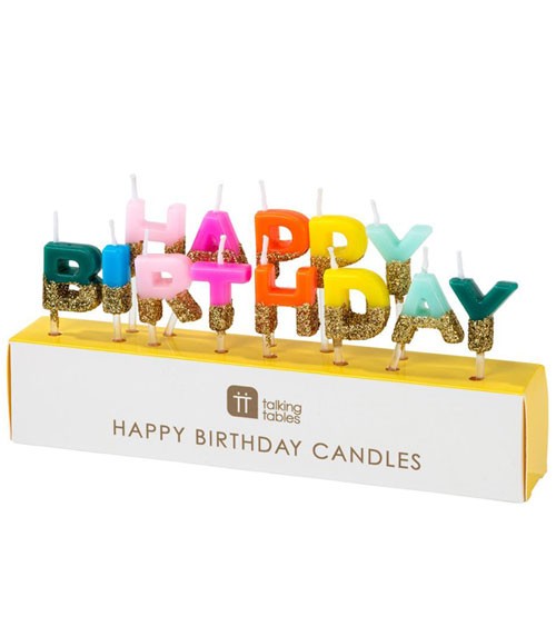 Happy Birthday-Kerzen mit Goldglitter - bunt