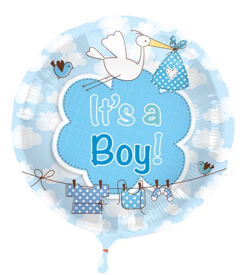 Runder Folienballon mit Storch "It's a Boy"