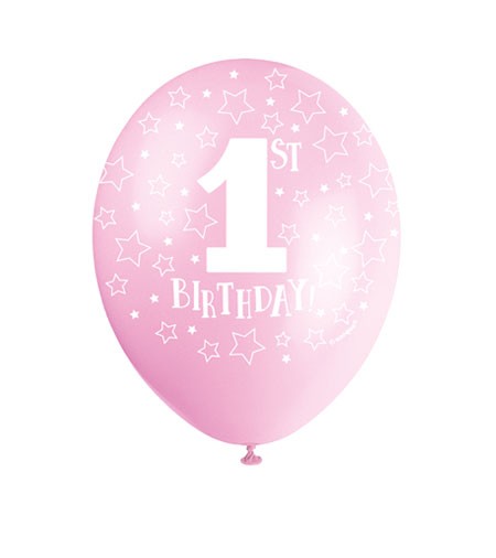 Perlmutt-Luftballons "1st Birthday" - rosa - 5 Stück