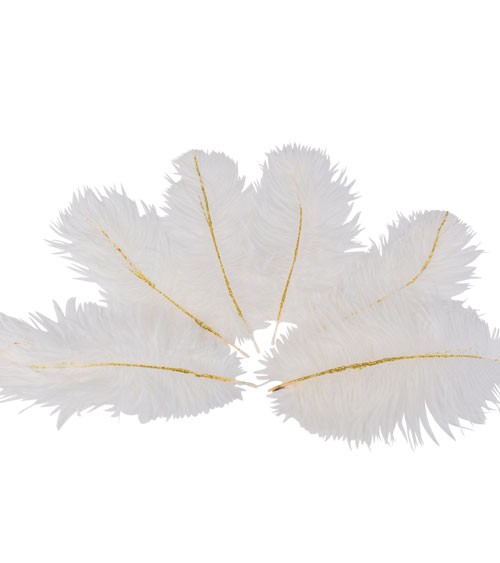 Flauschige Federn mit Goldeffekt - weiß - 15 cm - 6 Stück