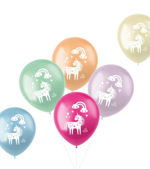 Farbenfrohes Luftballon-Set mit Einhorn, Regenbogen Herzen und Sternchen Motiven zum fantasievollen Kindergeburtstag. Inhalt: 6 Stück in 6 verschiedenen Farben.