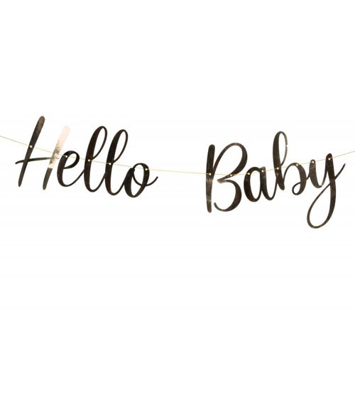 Metallic-Goldene „Hello Baby!“ Schriftzuggirlande in angesagtem Handlettering ideal für auffällige Raum-Deko zur Babyparty. Aus Papier. Maße: 18 cm x 1,5 m.