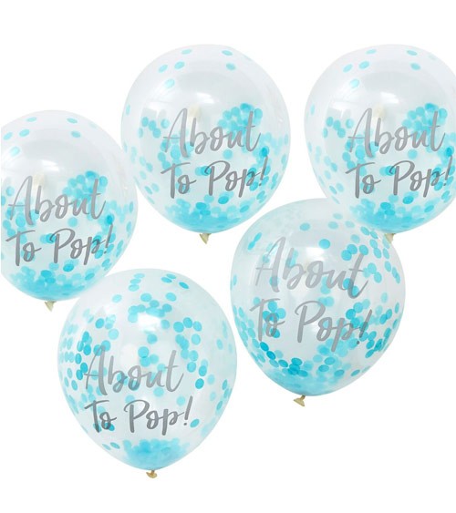 Transparente Ballons mit blauem Konfetti "About to Pop!" - 5 Stück