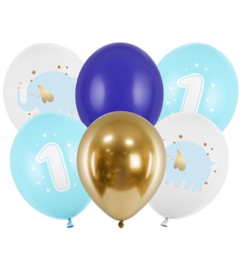 Luftballon-Set "One Year" - Farbmix blau & gold - 30 cm - 6-teilig