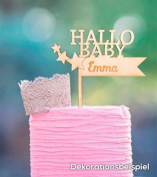 Dein Cake-Topper "Hallo Baby" aus Holz - Wunschtext
