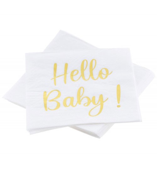 Weiße Servietten mit metallic-goldenem "Hello Baby!" Aufdruck auf der Vorderseite, für eine elegante Tischdekoration zur Babyparty. Maße: 33 x 33 cm. 
