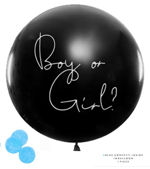 Schwarzer Riesenballon mit blauem Konfetti "Boy or Girl?" - 1 m