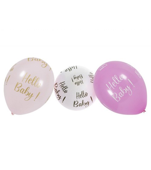 6 tolle Luftballons in Weiß, Rosa und Pink mit goldenem und weißem Schriftzug "Hello Baby!" zur Dekoration der Gender Reveal Party! Auch für Helium geeignet.