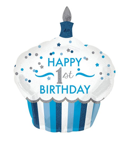 Supershape-Folienballon Cupcake - "Happy 1st Birthday" - blau/silber