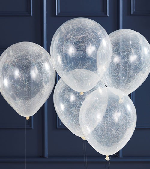 Transparente Ballons mit Engelshaar - silber - 5 Stück