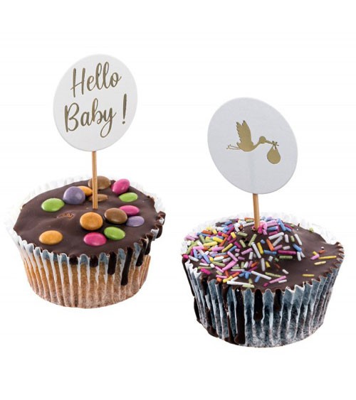 Cupcake-Picks mit goldenen Akzenten wie "Hello Baby!" Aufschrift und einem fliegenden Storch mit Bündel .