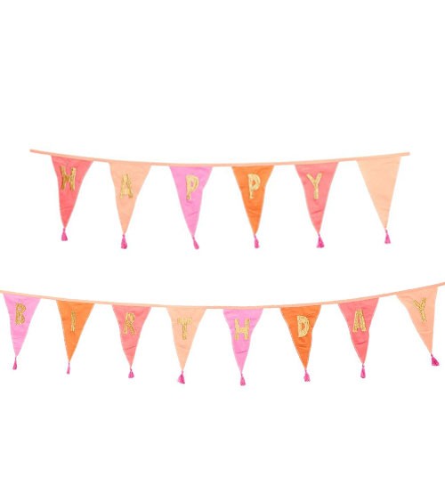 Stoff-Wimpelgirlande "Happy Birthday" - Farbmix Pink - 3 m