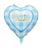 Herz-Folienballon "Baby" - blau kariert - 45 cm