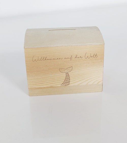 Deine Spardose "Flosse" aus Holz - Wunschtext - 10 x 8 x 7 cm