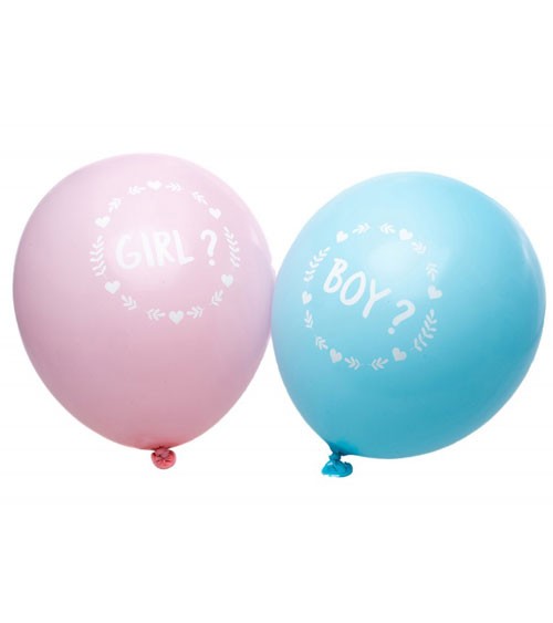 6 Luftballons in Hellblau und Rosa, mit weißem Schriftzug "Boy?" und "Girl?" und Herz-Motiven zur Dekoration der Gender Reveal Party! Auch für Helium geeignet.