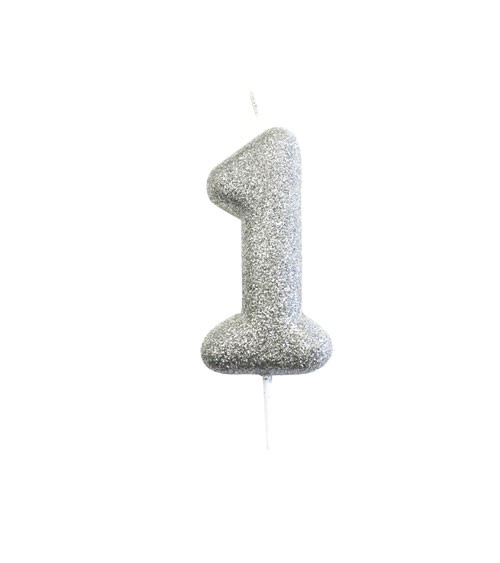 Geburtstagskerze mit Glitter "1" - silber