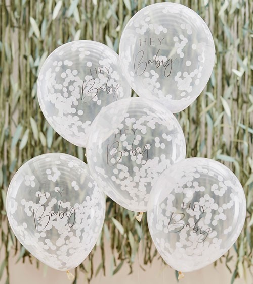 Transparente Ballons mit weißem Konfetti "Hey Baby" - 5 Stück