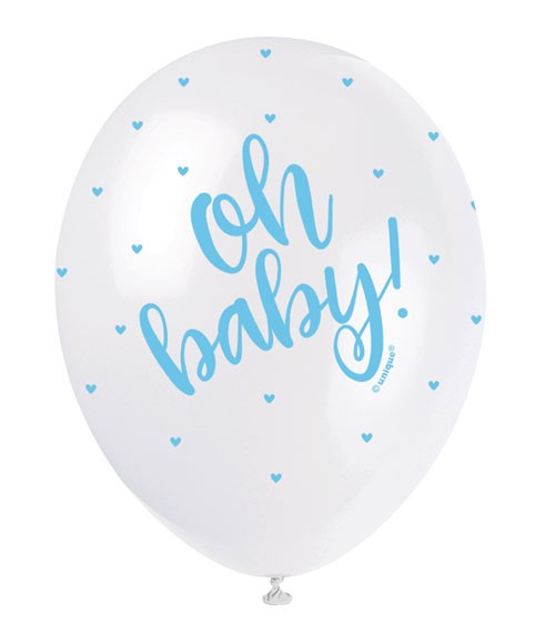 Perlmutt-Luftballons "Oh Baby" - weiß/hellblau - 30 cm - 5 Stück