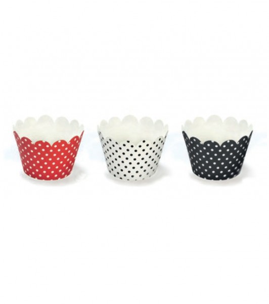 Cupcake-Wrapper mit Punkten - rot-weiß-schwarz - 6 Stück