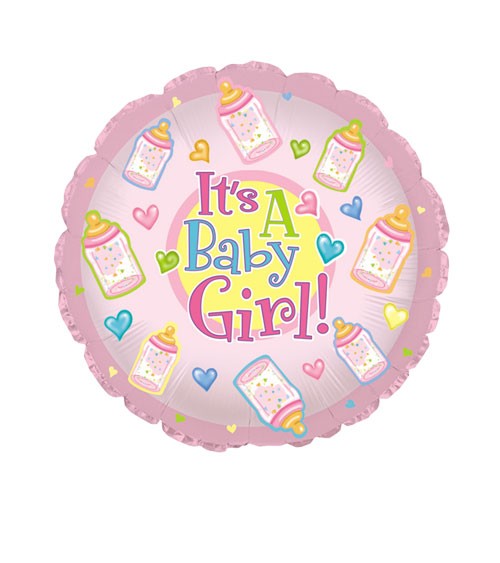 Runder Folienballon "It's a Baby Girl!" mit Babyfläschchen